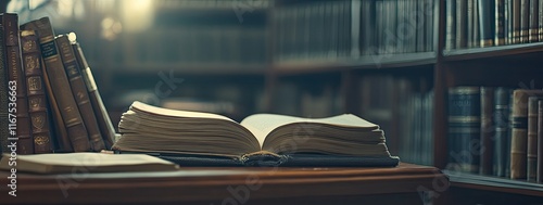 An open book rests on a wooden table in a dimly-lit library, inviting the reader into a world of knowledge and imagination.