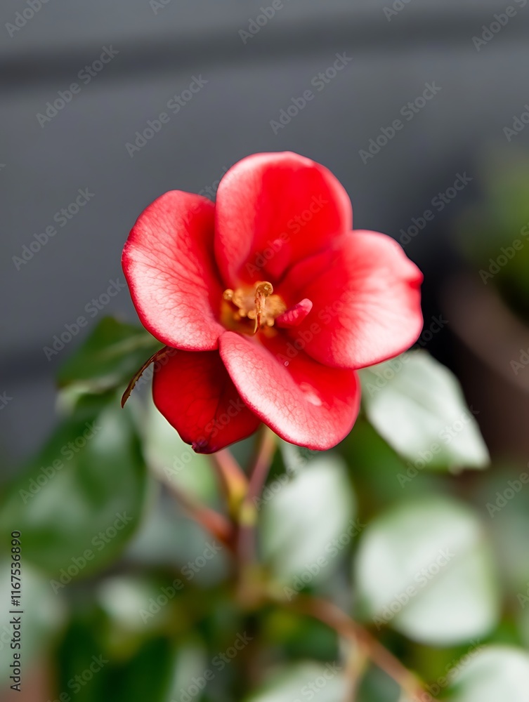 Red flower blossom with green leaves on blurred background. Red flower blossom with green leaves on blurred background.