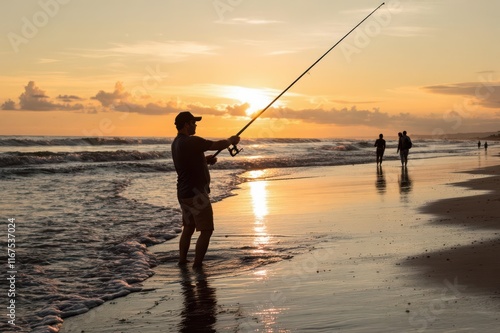 Man fishing in the surf at sunset photo