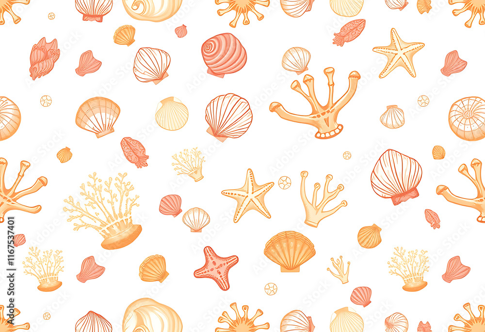 Seamless pattern with sea shells, mollusks, sea snails. Tropical beach shells. Summer seamless pattern. Seamless pattern with sea shells, mollusks, sea snails. Tropical beach shells. Summer seamless pattern.