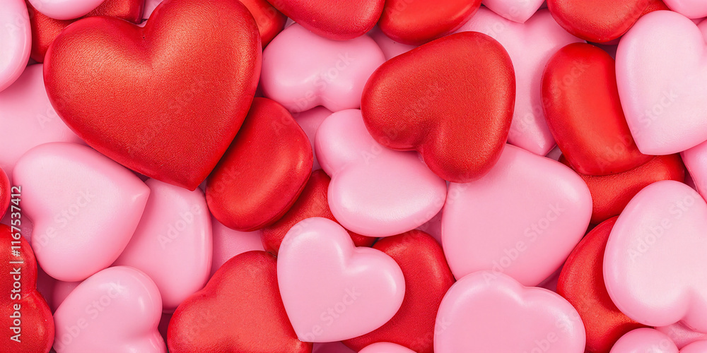 Close-up view of red and pink decorative hearts, symbolizing love, affection, and togetherness. Perfect for themes of romance, celebration, and Valentine's Day. Close-up view of red and pink decorative hearts, symbolizing love, affection, and togetherness. Perfect for themes of romance, celebration, and Valentine's Day.