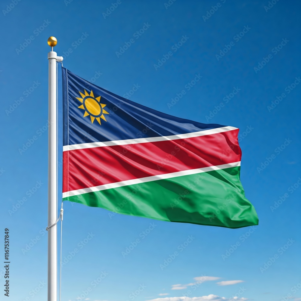 national flag of namibia waving against blue sky, flag of the nation, blowing in the wind national flag of namibia waving against blue sky, flag of the nation, blowing in the wind