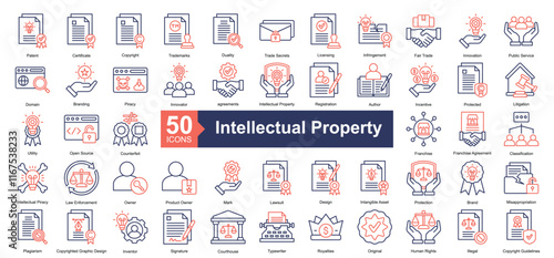 Intellectual Property Icon Collection Set.Containing patent, certificate, copyright, trademarks, duality icon. Simple dual tone style Vector Illustration.	