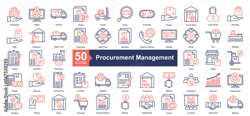 Procurement Management Icon Collection Set.Containing product, shopping, distributor, guarantee, value chain icon. Simple dual tone style Vector Illustration.	