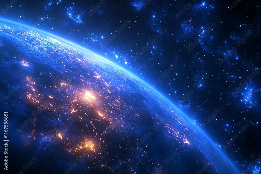 Obraz premium Earth at Night Aerial View with City Lights and Stars