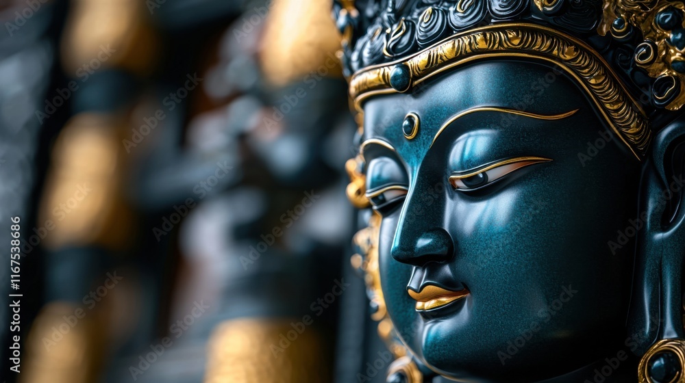 A statue of a person with gold trim and a blue face A statue of a person with gold trim and a blue face