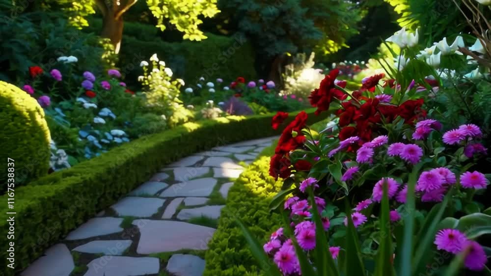 Vibrant Garden Scene with Flowers, Bushes, and a Stone Path Vibrant Garden Scene with Flowers, Bushes, and a Stone Path