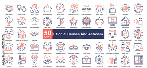 Social Causes and Activism Icon Collection Set.Containing cclimate change, gender equality, racial justice, poverty alleviation, mental health icon. Simple dual tone style Vector Illustration.	