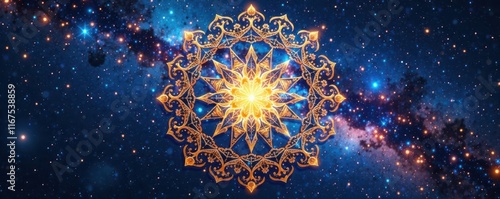 Celestial mandala, blue gold shimmer, cosmic energy, texture, artwork photo