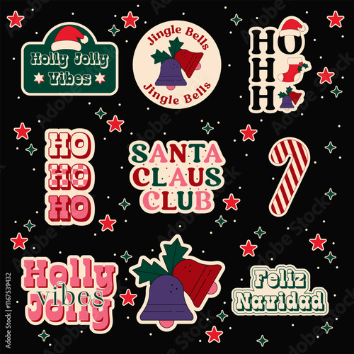 Set of Christmas Stickers. Vector Design Elements. Collection of Holidays. Jingle Bells, Feliz Navidad, Candy Cane, Y2K.