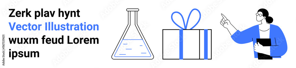 Scientist pointing at text beside laboratory flask and gift box, conveying discovery or celebration themes. Ideal for education, research, science communication, festive announcements, marketing Scientist pointing at text beside laboratory flask and gift box, conveying discovery or celebration themes. Ideal for education, research, science communication, festive announcements, marketing