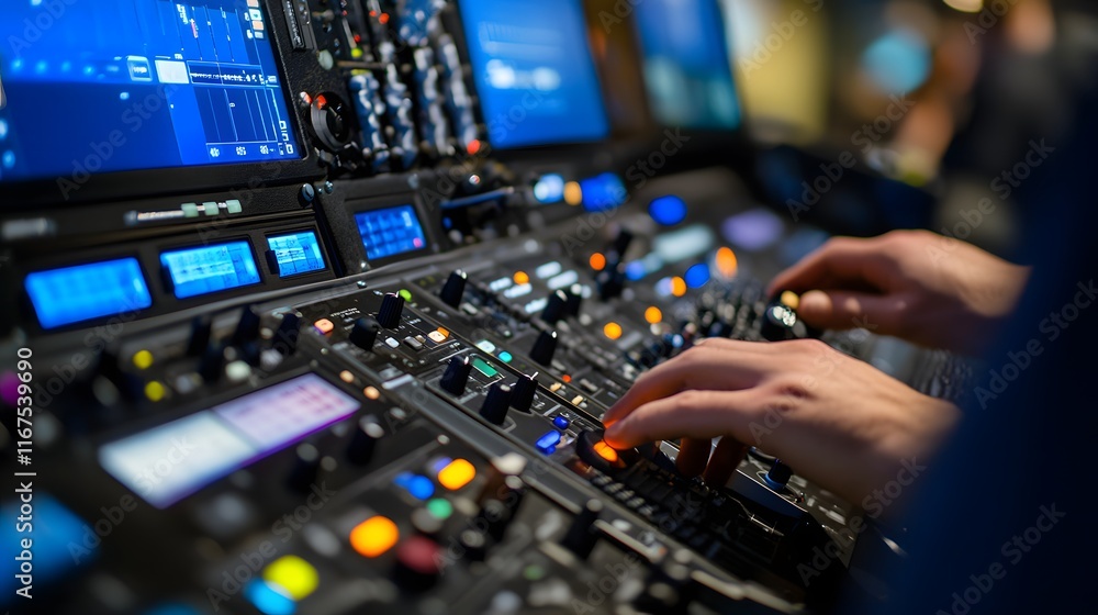 Hands operating a complex audio mixing console Hands operating a complex audio mixing console