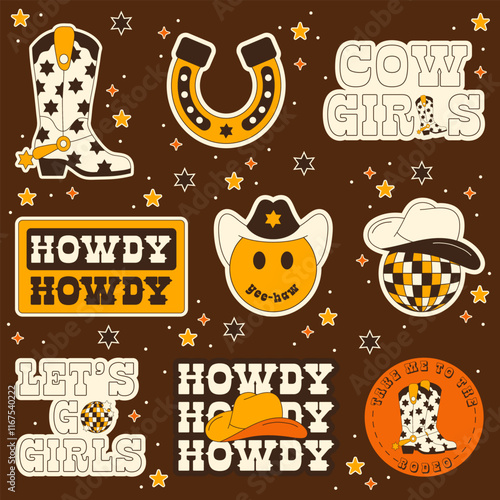 Set of Cowgirl Stickers. Vector Design Elements. Collection of Cowgirl. Wild West, Western Themed, Y2K.