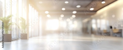 Blurred background of office space with glass elements, green plants, sunlight and lights. Generative AI