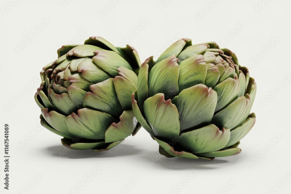 Obraz premium Two artichokes, vibrant green with reddish hues, sit closely together, showcasing their intricate textures.
