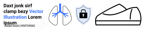 Blue and black outline of lungs, lock on shield, and a shoe. Ideal for medical, security, health, protection, footwear, anatomy, and fitness. Landing page