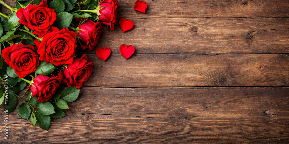 Bright red roses arranged on an aged wooden surface, symbolizing love, passion, and elegance. Perfect composition for conveying romantic or timeless feelings in various settings. Bright red roses arranged on an aged wooden surface, symbolizing love, passion, and elegance. Perfect composition for conveying romantic or timeless feelings in various settings.