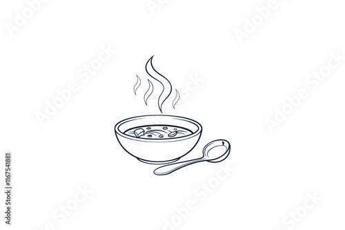 A bowl of soup with spiral steam line art vector illustration