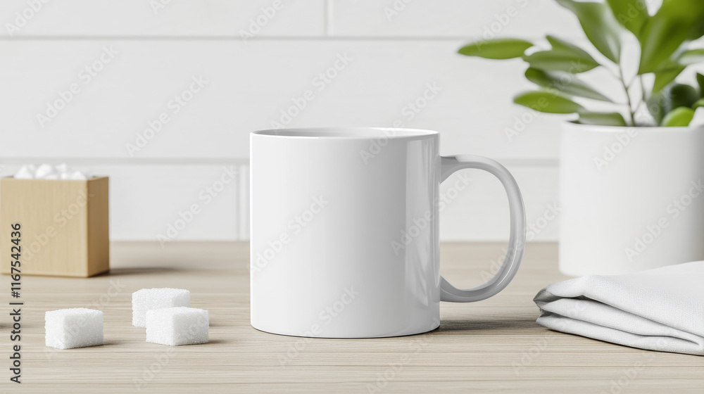 Blank white coffee mug on a wooden table, next to sugar cubes and a plant. Perfect for your design! Blank white coffee mug on a wooden table, next to sugar cubes and a plant. Perfect for your design!