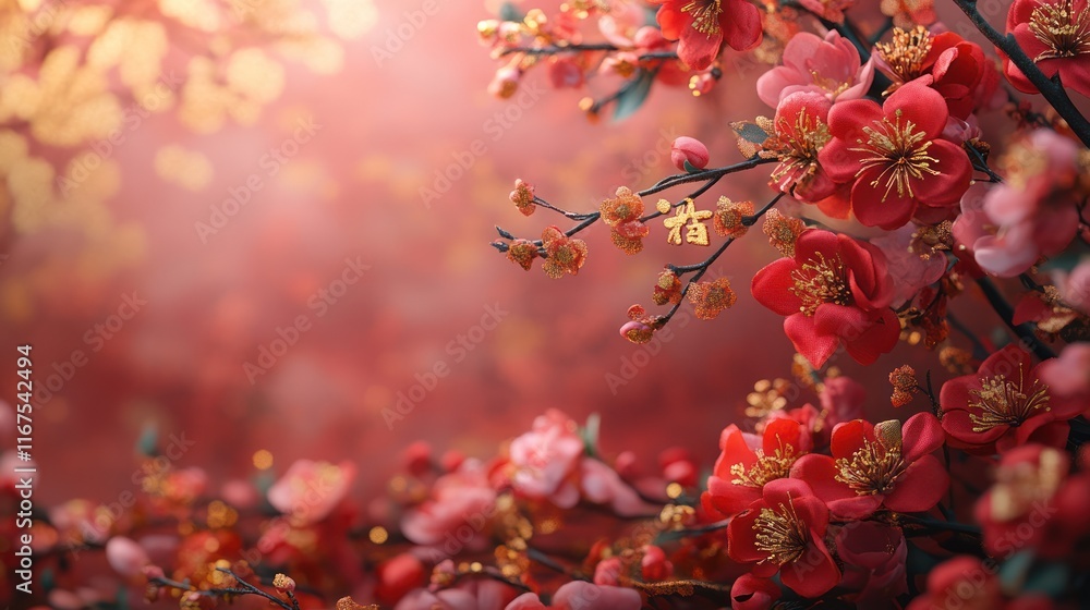 Red blossoms, gold accents, springtime garden, bokeh background, Lunar New Year greeting Red blossoms, gold accents, springtime garden, bokeh background, Lunar New Year greeting