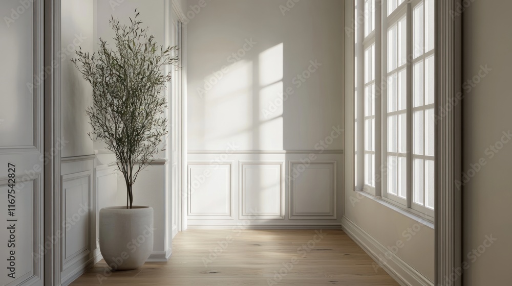 Serene Minimalist Interior with Olive Tree Serene Minimalist Interior with Olive Tree