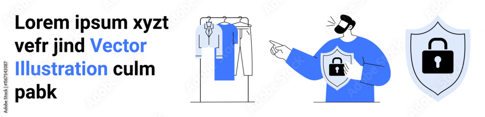 Cartoon person pointing at a security shield, wardrobe with keyhole-locked clothes. Ideal for cybersecurity, online privacy, data protection, personal safety, secure storage, information security Cartoon person pointing at a security shield, wardrobe with keyhole-locked clothes. Ideal for cybersecurity, online privacy, data protection, personal safety, secure storage, information security