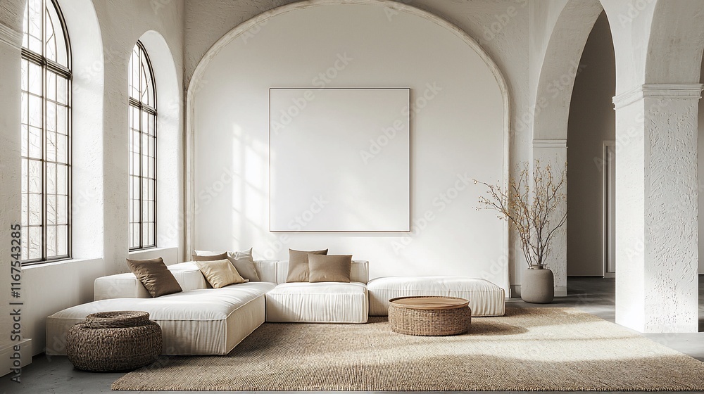 Minimalist living room with arched windows, neutral tones, and a large blank canvas. Minimalist living room with arched windows, neutral tones, and a large blank canvas.