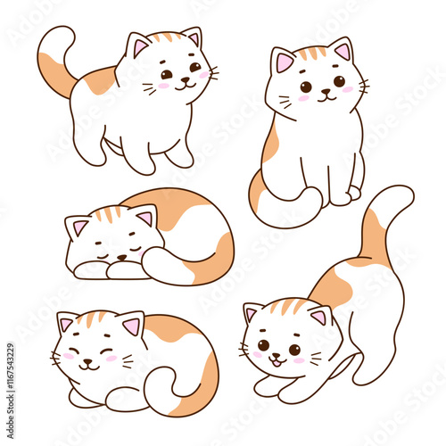 Cute kawaii cartoon cats, kittens in various poses. Set of vector illustrations 