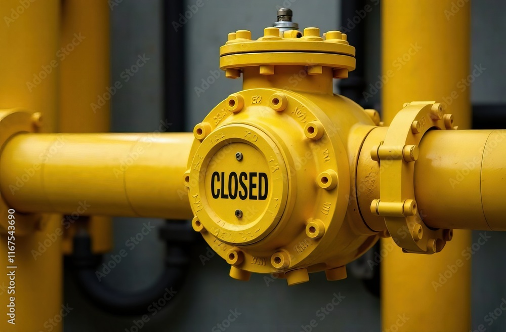 Yellow industrial gas pipeline with large valve saying Yellow industrial gas pipeline with large valve saying
