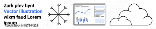 Snowflake design, data analysis chart with graphs, cloud outline and placeholder text. Ideal for weather apps, data analysis, infographics, web design, digital presentations, educational content