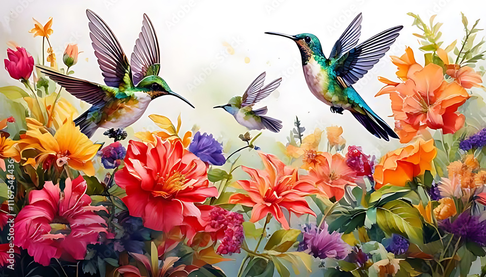 Obraz premium A illustration oil painting in canvas cute hummingbirds flying between colorful flowers on w
