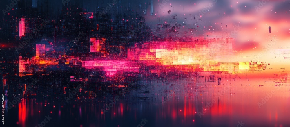 Fototapeta premium Surreal digital depicting a futuristic cyberpunk inspired cityscape with towering skyscrapers neon lights and reflections on the water creating a dreamlike atmospheric