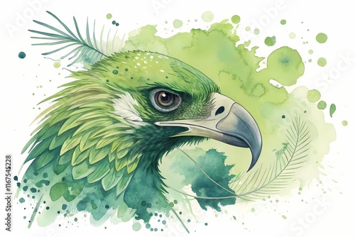 Vivid watercolor artwork depicting a green eagle's head with detailed feathers and artistic green splashes blending into the background, evoking natural beauty, creativity, and elegance. photo