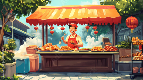 A delightful culinary journey: asian street food vendor cartoon illustration. Ashenwood. Illustration photo