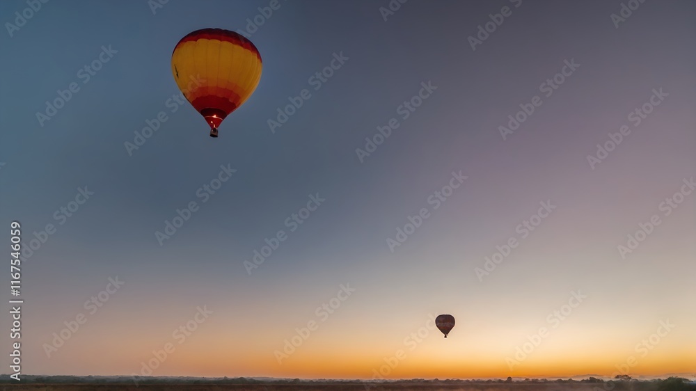 Hot air balloon ride in the sky above landscape at sunrise or sunset. Tourism, travel attraction and adventure concept. Generated AI Hot air balloon ride in the sky above landscape at sunrise or sunset. Tourism, travel attraction and adventure concept. Generated AI