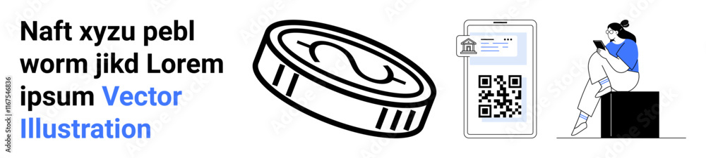 Digital coin, QR code on smartphone for payment, and woman interacting with device represent fintech and digital transactions. Ideal for fintech, payments, crypto, user interface, digital security Digital coin, QR code on smartphone for payment, and woman interacting with device represent fintech and digital transactions. Ideal for fintech, payments, crypto, user interface, digital security