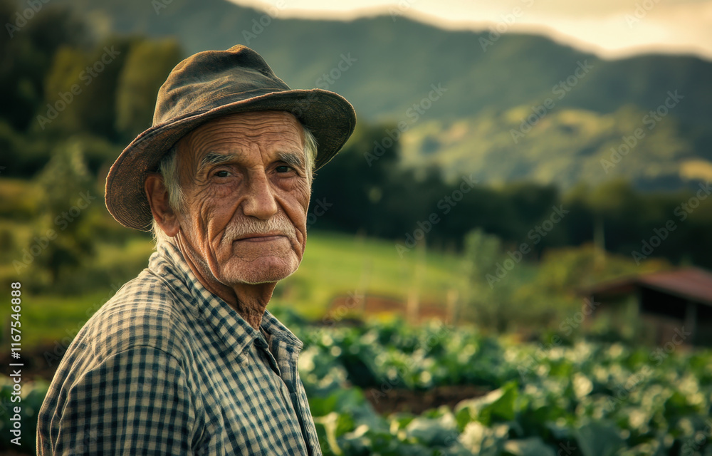 An elderly farmer stands in a verdant field, surrounded by crops and mountains in the background, as the sun begins to set, casting warm light across the landscape. An elderly farmer stands in a verdant field, surrounded by crops and mountains in the background, as the sun begins to set, casting warm light across the landscape.