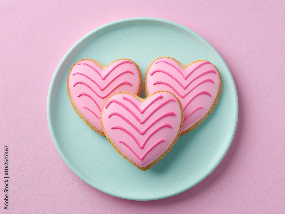 Fototapeta premium Valentine's Day Sweet Pink Heart Shaped Cookies on Plate Valentine s Day Treat