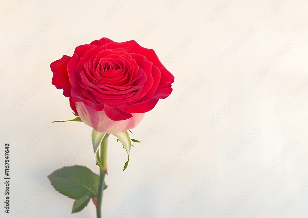 Red rose blossom, stem and green leaves. Red rose blossom, stem and green leaves.