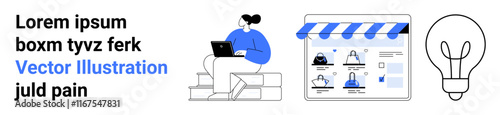 Woman with a laptop seated on steps, engaged in online shopping, storefront displaying products, light bulb representing ideas. Ideal for e-commerce, technology, innovation, brainstorming