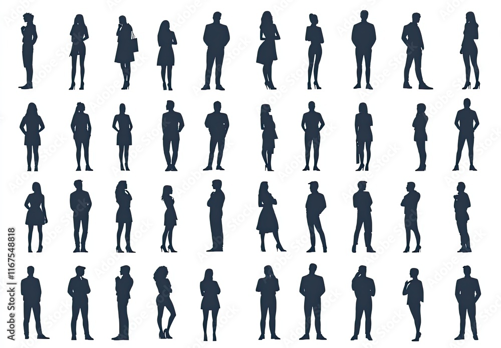 Silhouettes of diverse people engaging in various activities and poses against a neutral background Silhouettes of diverse people engaging in various activities and poses against a neutral background
