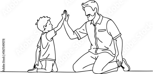 Man high-fiving with his little boy in continuous line art drawing style
