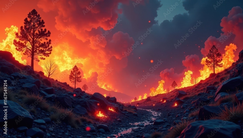 Infernal flame engulfing a hellish landscape with burning trees and rocks, blazing rocks, hellish landscape Infernal flame engulfing a hellish landscape with burning trees and rocks, blazing rocks, hellish landscape