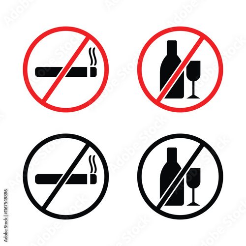 No smoking and no alcohol signs, No Drinking sign, Caution Sign, Prohibited Sign,  No smoking icon and no drinking icon. Vector illustration.
