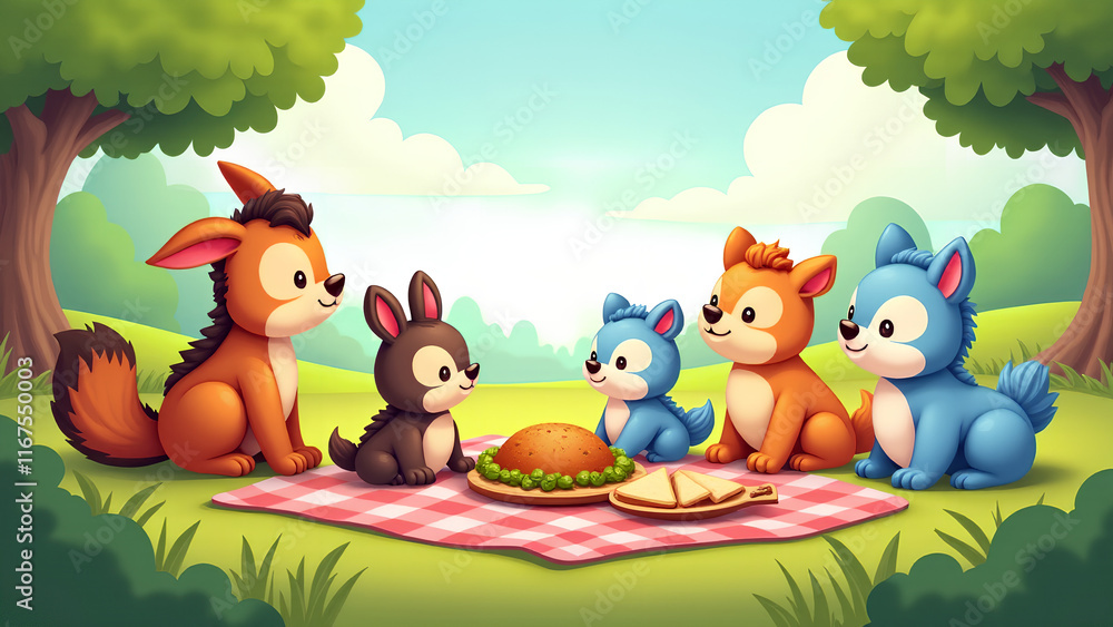 Fototapeta premium Cartoon Animals Enjoying a Picnic in the Meadow
