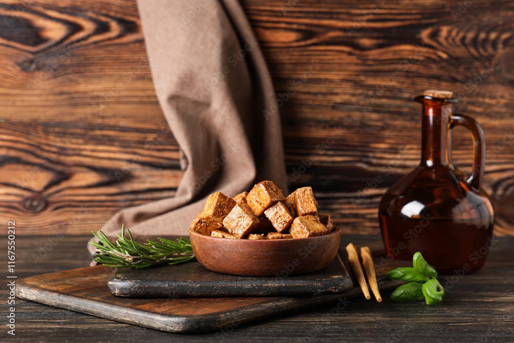 Fototapeta premium Bowl with pieces of fried tofu cheese, rosemary and basil on wooden background