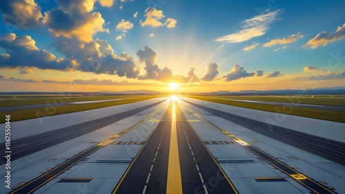 With the sky painted in a gradient of blue and yellow and fluffy cumulus clouds drifting languidly by, the airport runway spreads out like a shimmering ribbon, bathed in the golden hues of a brilliant