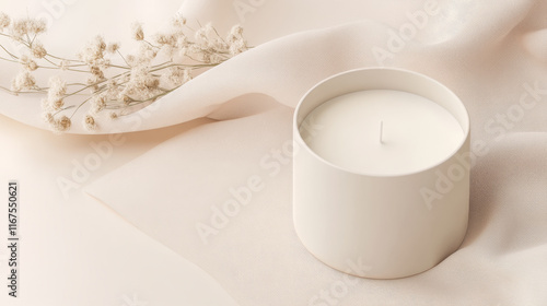 A serene scene featuring a white candle and dried flowers on a soft, light-beige fabric.  Peaceful and minimalist.