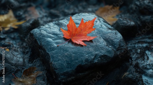 Red Maple Leaf on Wet Stone Surface in Forest Setting photo