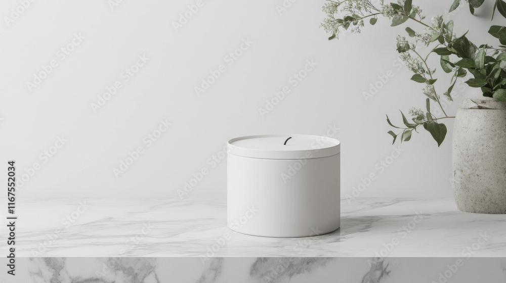 Fototapeta premium Simple white container with a minimalist design sits on a marble surface next to a vase of greenery. The overall aesthetic is clean and serene.